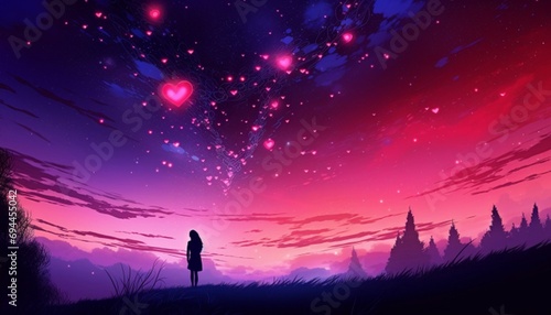 Woman looking at a heart in the sky  valentine background