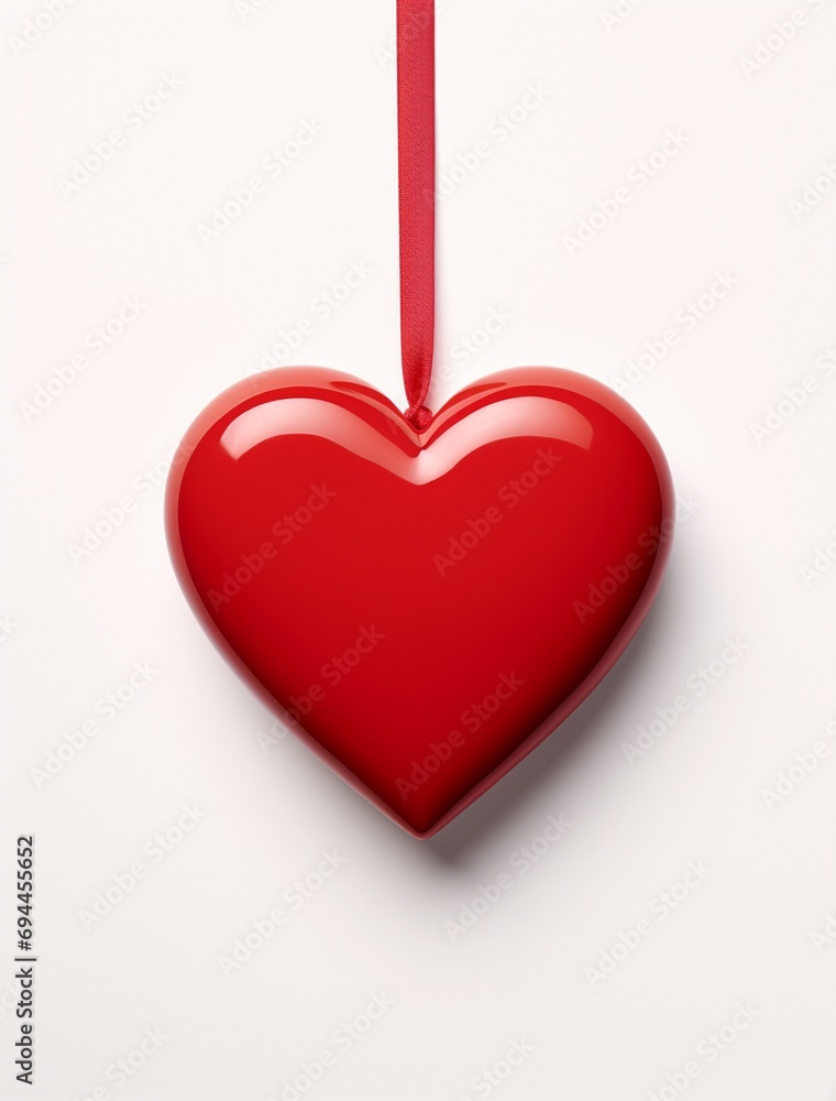 Red heart on a red ribbon on a white background. Valentine's Day