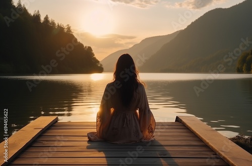 Close up of a Caucasian woman enjoying a tranquil sunset by a calm mountain lake