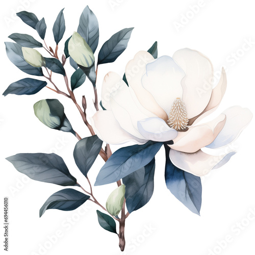 Navy blue Magnolia flower png, white and blue floral arrangement watercolor illustration isolated with a transparent background, blossom flowers design