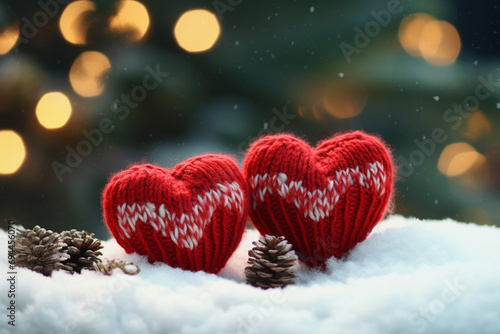 Two red knitted hearts in the snow. Valentines day background
