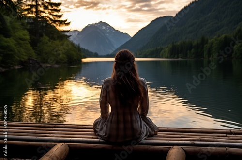 Contemplative woman at lakeside during sunset