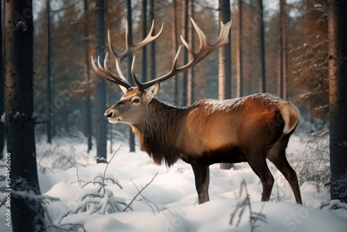 Beautiful deer with antler in a winter forest
