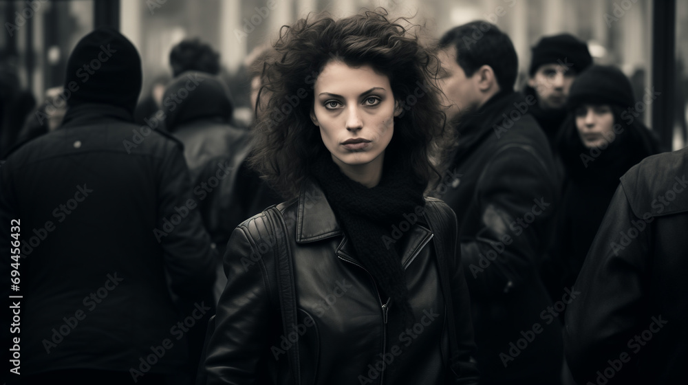 Femme brune maussade avec veste en cuir au milieu d'une foule sombre et triste, un jour d'automne à Paris - obrazy, fototapety, plakaty 