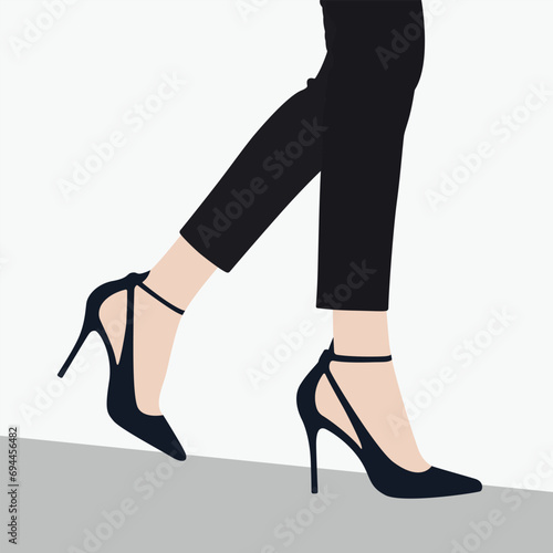 Black female pairs of legs in high heels: slingbacks, pumps, wedge-heeled shoes, clogs, stilettos, isolated on white background. Flat cartoon colorful vector illustration