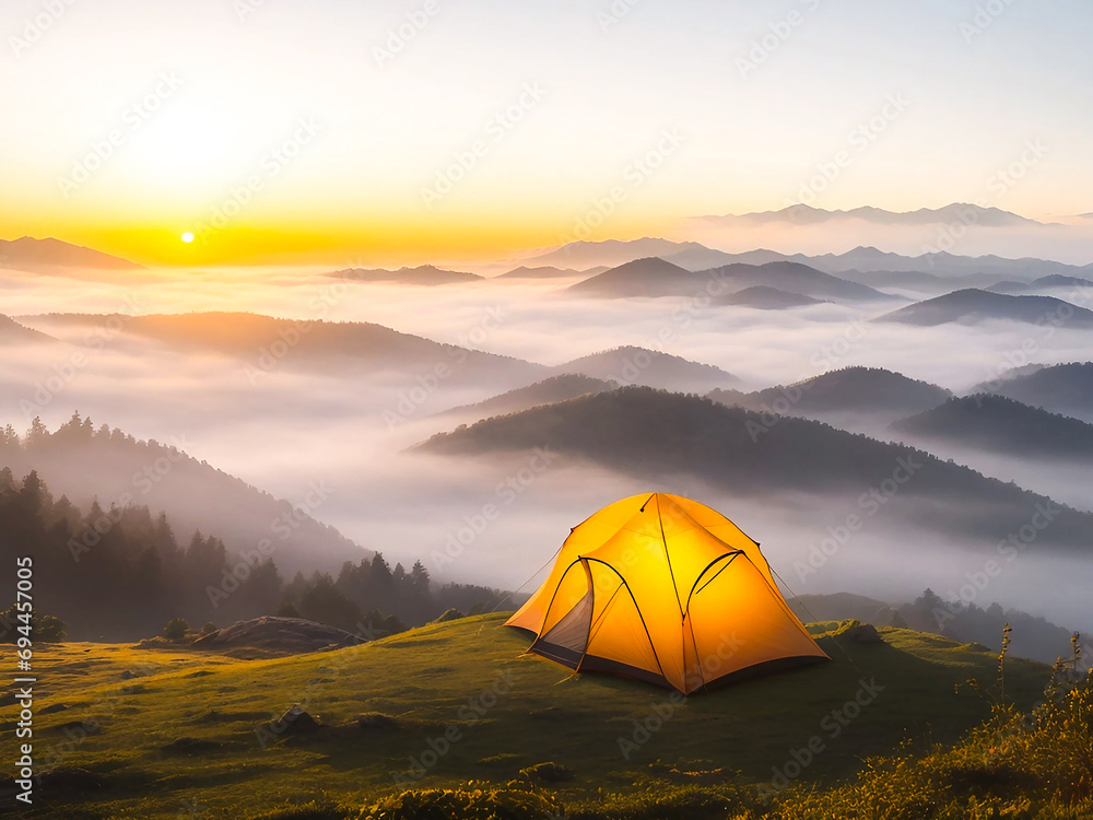 Sunrise over a mist-covered valley with tent