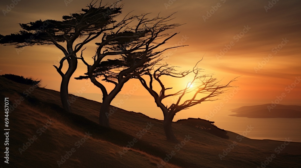 Windswept trees on a hill, silhouetted against a setting sun.