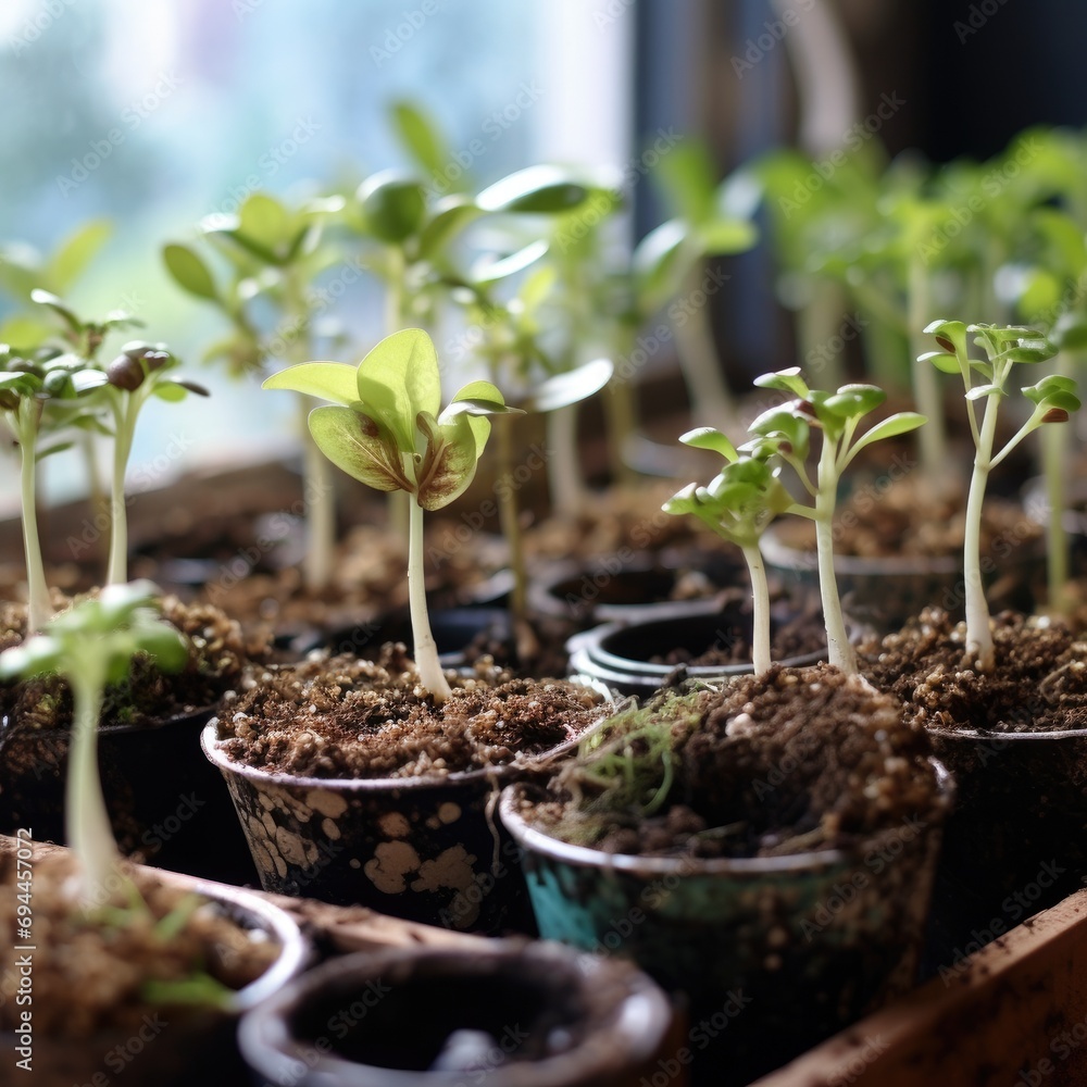 Tender young shoots in cups, close-up. Preparation of seedlings in spring for the greenhouse and garden. A vegetable garden on the balcony. Homemade vegetables and herbs. Tender young shoots in cups, close-up. Preparation of seedlings in spring for the greenhouse and garden. A vegetable garden on the balcony. Homemade vegetables and herbs.