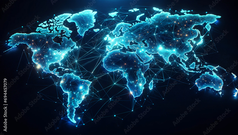 Obraz na płótnie Explore the blue world map adorned with a captivating glow of the global network light. w salonie