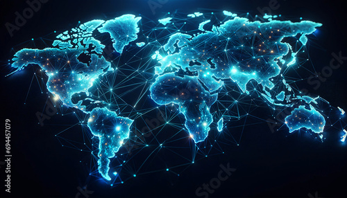 Explore the blue world map adorned with a captivating glow of the global network light. #694457079