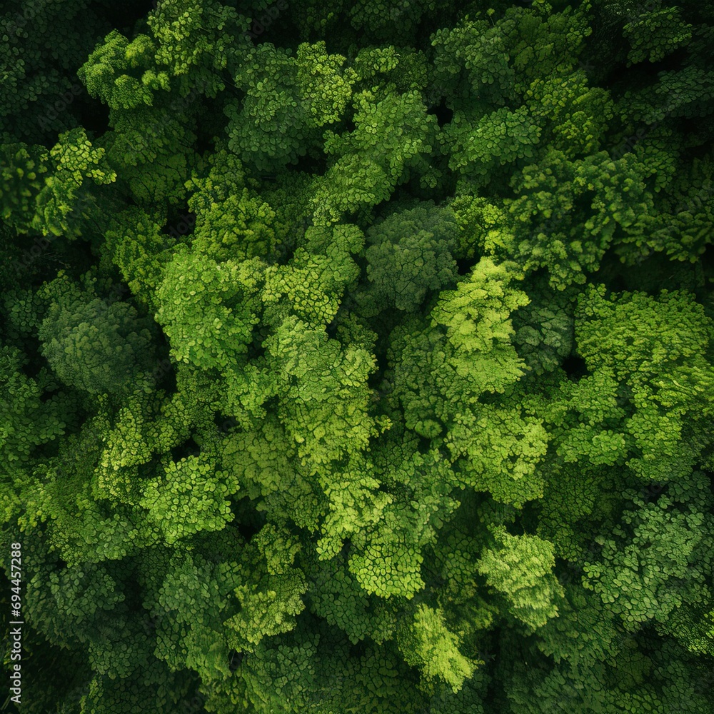 Photo of green dense forest top view shot,Generative ai.