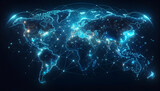 Explore the blue world map adorned with a captivating glow of the global network light.