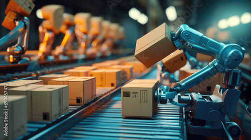 Automated sorting center, robots handling packages for swift and precise delivery photo