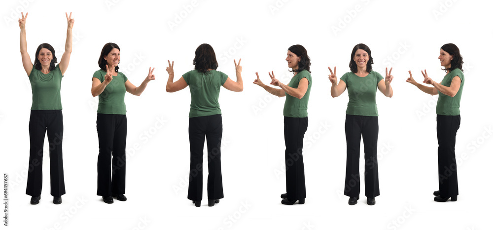 Obraz premium various poses of a group of same woman showing the victory sign with both hands on white background