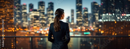 Confident businesswoman overlooking city center skyscraper. Generative AI.