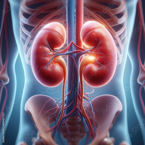 Diagram showing human kidney 3d render realistic anatomy. human organ vector illustration photo