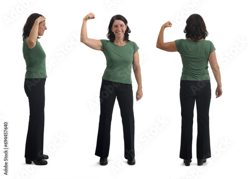 side front and back view of of a woman showing her bicep on white background