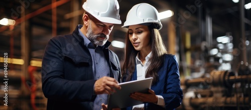 Male and female engineers in hard hats make calculated engineering decisions while discussing a new project and using a tablet computer at a heavy industry factory. photo