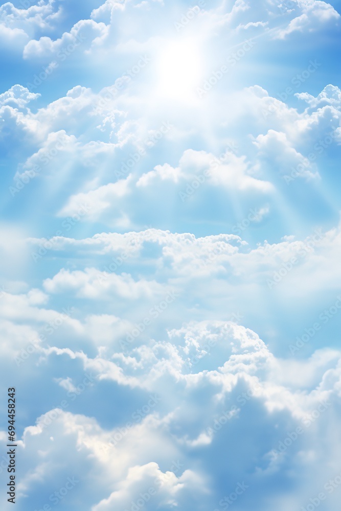 Bright blue sky with sun rays shining through clouds Stock Photo ...