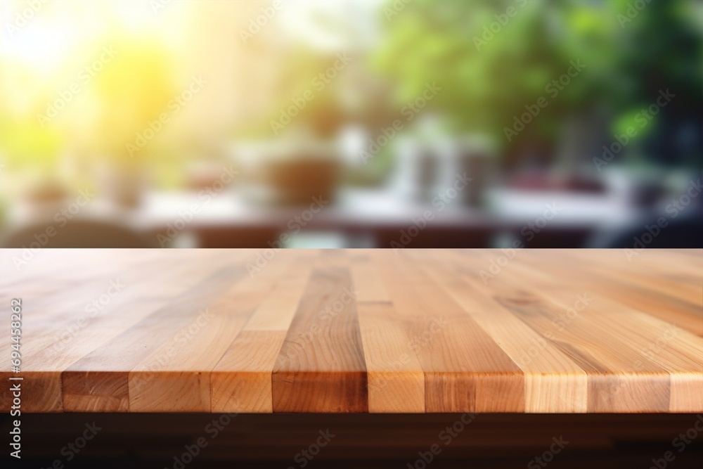 A wood table top stands out against a blurred kitchen environment, making it a valuable resource for montages and design mockups. Created with generative AI tools - obrazy, fototapety, plakaty 