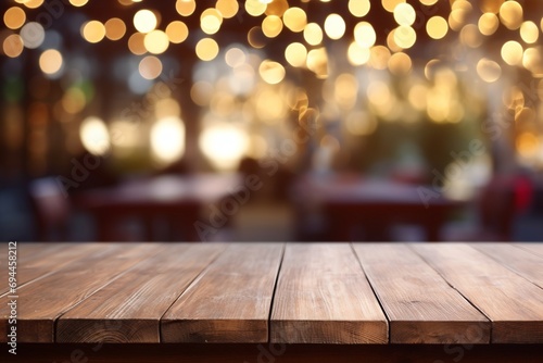 An image of a wooden table set against a backdrop of abstract, blurred restaurant lights creates an intriguing and inviting dining setting. Created with generative AI tools