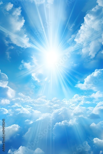Bright blue sky with sun rays shining through clouds