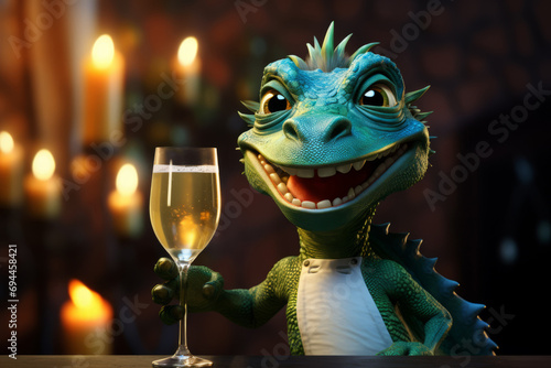 Happy green dragon with champagne on decorated christmas tree background