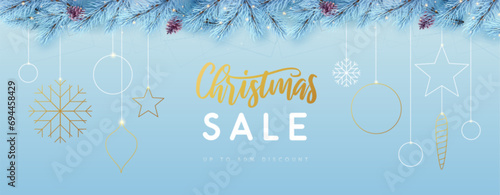 Christmas holiday sale banner with stars, snowflakes and balls on blue background. Vector illustration
