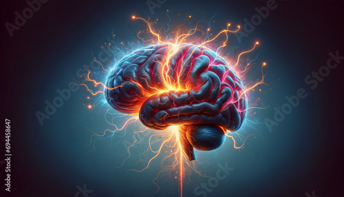 Explosive Brain Concept Illustration: Frontal View, Symbolizing Neurological Disorders like Alzheimer's, Parkinson's, Dementia, Multiple Sclerosis. photo