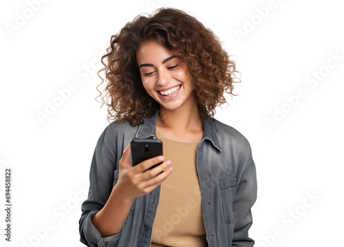 Happy woman using cell phone, cut out
