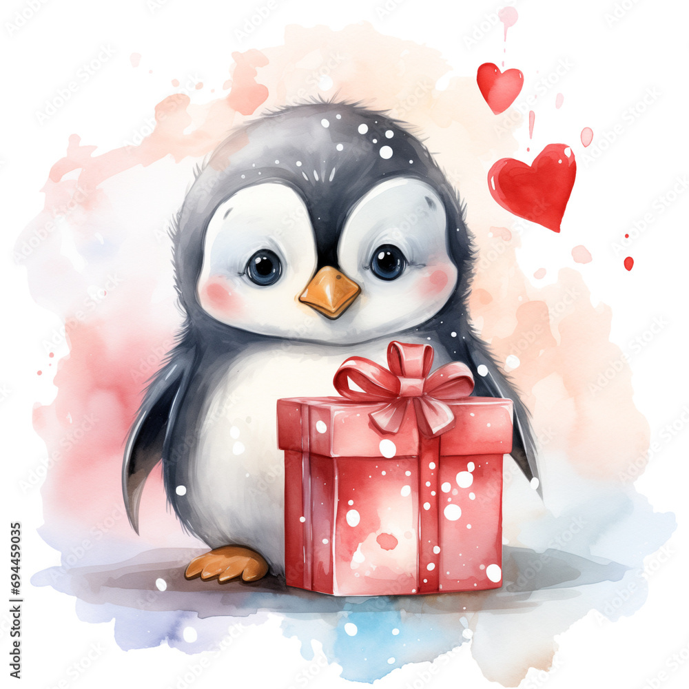 Cute Penguin in love with a gift and hearts, Penguin Valentine watercolor illustration isolated with a transparent background, Valentine’s Day cozy winter baby invitation design