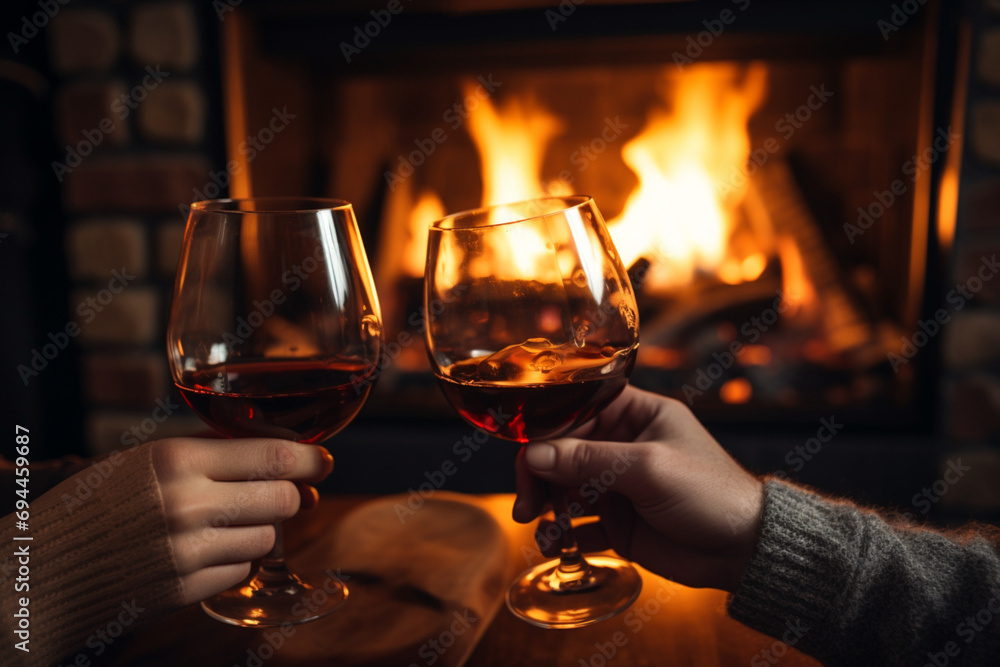 person with glass of wine house with a fireplace
