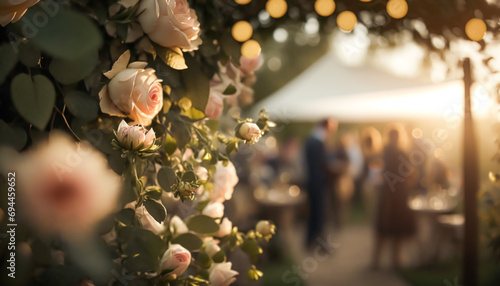 Wedding guests celebrating at a beautiful outdoor venue on a sunny day, luxury wedding decoration idea and decor inspiration with flowers, party event celebration at the garden estate. Generative Ai photo