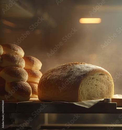 Bakery in the morning, hot fresh bread and pastry baking in the old town bakery, freshly baked products on shelves and the oven, small local business and food production. Generative Ai photo