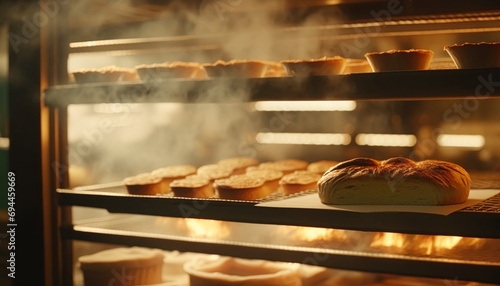 Bakery in the morning, hot fresh bread and pastry baking in the old town bakery, freshly baked products on shelves and the oven, small local business and food production. Generative Ai