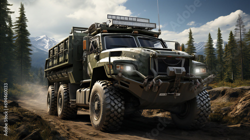 A Large 6x6 Military Truck Delivers Soldiers and Ammunition In the Woods