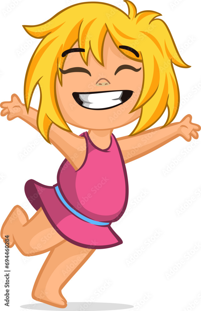 Cute little cartoon blond girl smiling and dancing. .Vector illustration of a teenager female wearing dress. Isolated Cute little cartoon blond girl smiling and dancing. .Vector illustration of a teenager female wearing dress. Isolated
