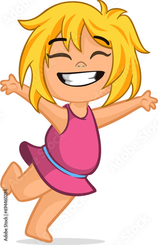 Cute little cartoon blond girl  smiling and dancing. .Vector illustration of a teenager female wearing dress. Isolated