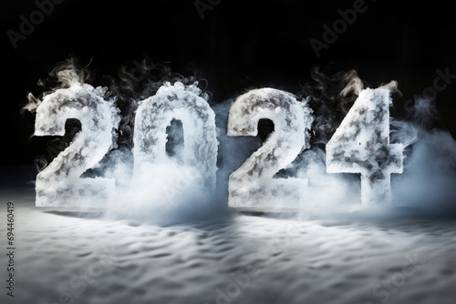 Big numbers year 2024 depicted in frosty figures amidst mist on dark background.For greeting card, event flyers, banners, and digital countdowns. Graphic design for websites or social media posts