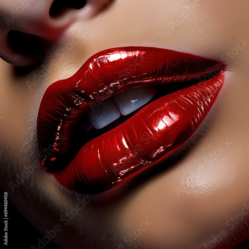 Close-up of bold red lips glamorous look, Generative ai.