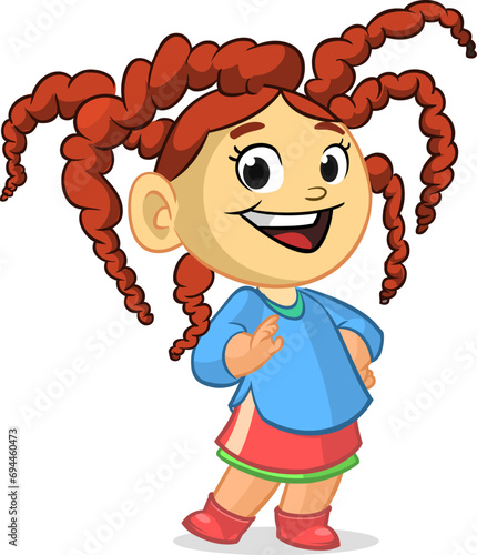 Cute little cartoon girl  smiling. .Vector illustration of a teenager kid with cool dreadlocks haircut. Isolated