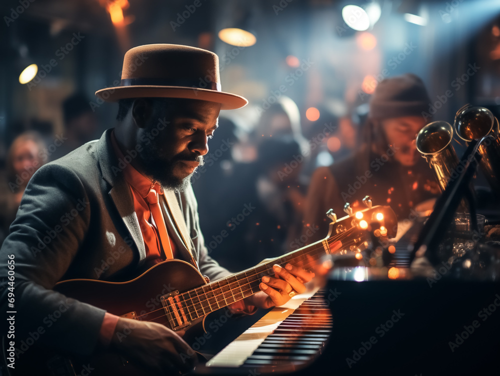 Obraz premium Live music concert in a jazz club, people listening to the music, AI generated