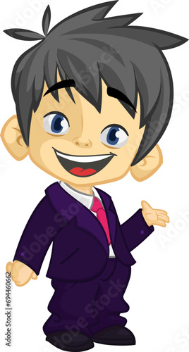 Vector illustration of a little boy in man's clothes. .Cartoon of a young kid dressed up in a mans business suit presenting