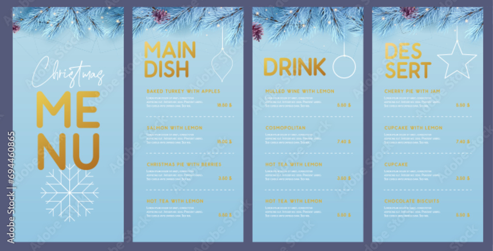 Restaurant Christmas holiday menu design with christmas floral garland on blue background. Vector illustration