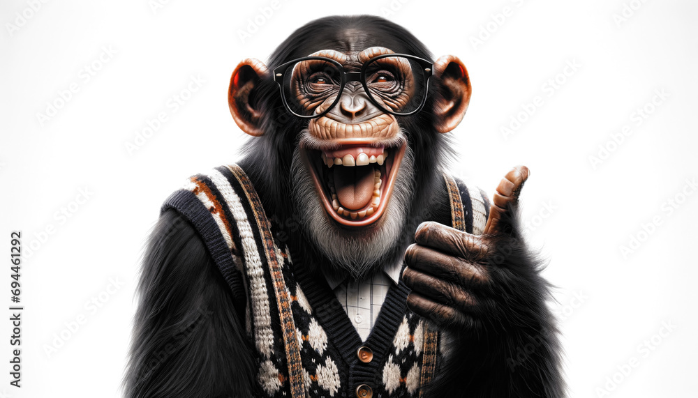 chimpanzee laughing out loud and showing thumb up. Funny Nerdy chimp giving thumbs up. - obrazy, fototapety, plakaty 