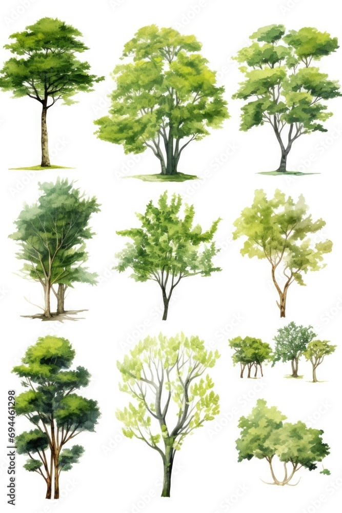Watercolor painting of a variety of trees on a white background. Suitable for nature-themed designs and projects Watercolor painting of a variety of trees on a white background. Suitable for nature-themed designs and projects