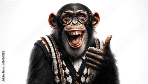 Photo chimpanzee laughing out loud and showing thumb up