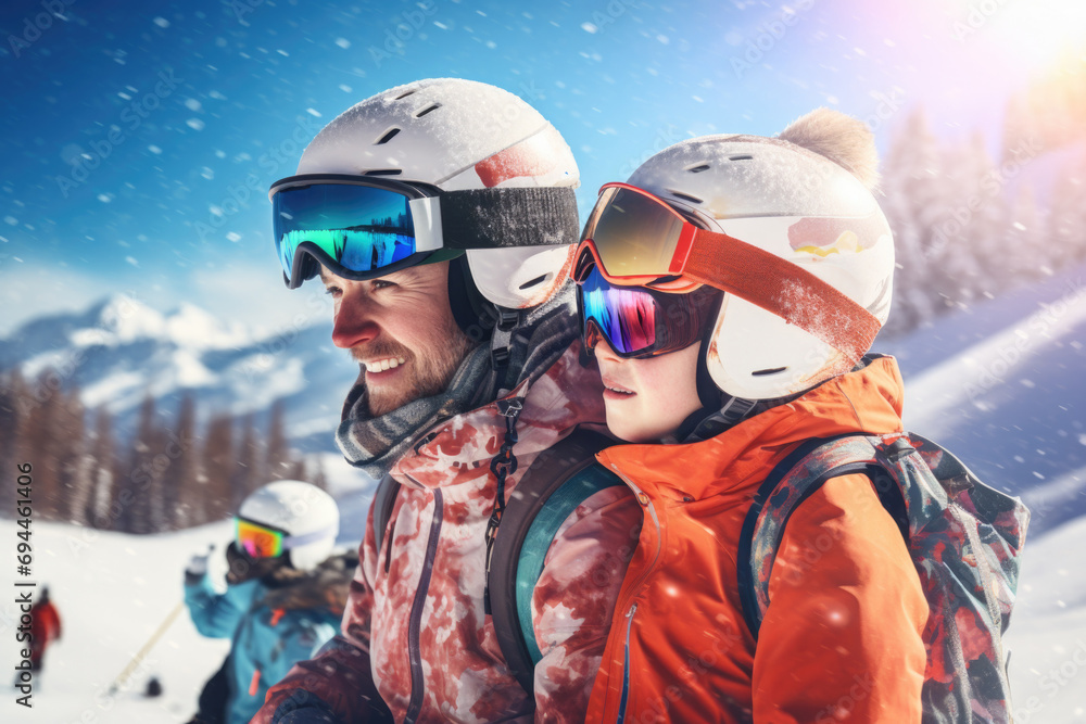 A man and a child are pictured wearing skis in the snow. This image can be used to depict winter sports and family activities A man and a child are pictured wearing skis in the snow. This image can be used to depict winter sports and family activities