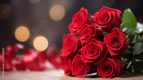 Bouquet of red roses with a red ribbon on wooden table with bokeh  closeup