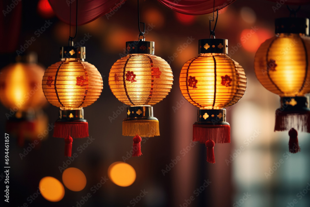 Chinese lanterns in the evening, Chinese New Year celebration, light yellow and dark crimson Chinese lanterns in the evening, Chinese New Year celebration, light yellow and dark crimson